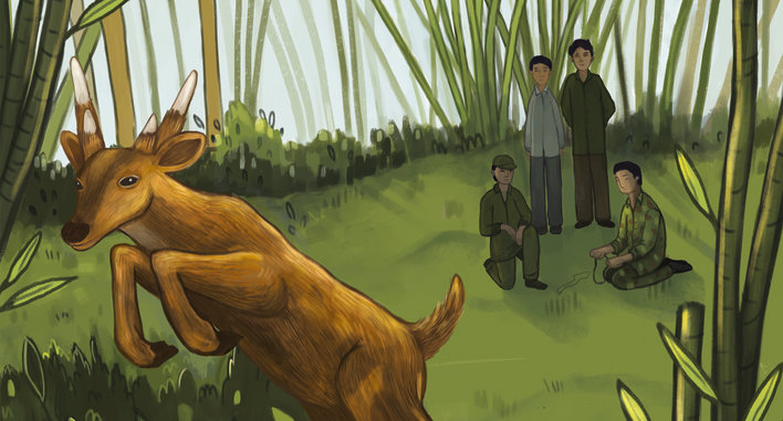 Barking deer running away