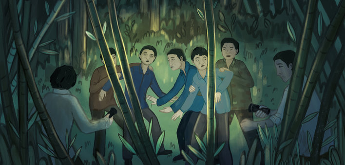 Men capturing others in the forest