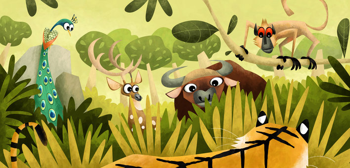 Wild animals looking at tiger