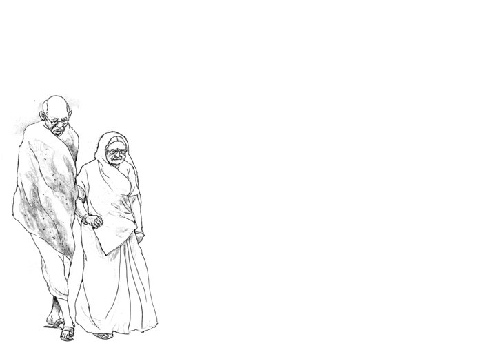 Kasturba Gandhi and Mahatma Gandhi walking together