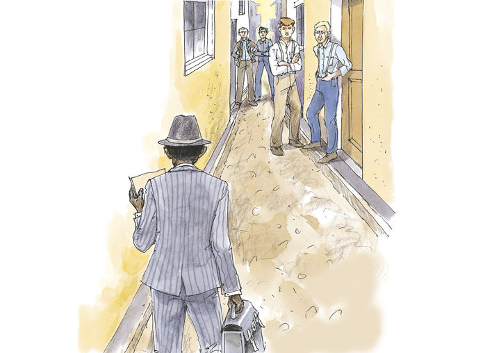 Five people in an alley