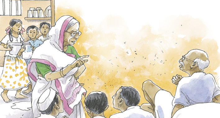 A woman scolding a man in front of children