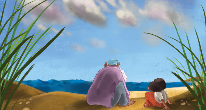 Man and girl sitting