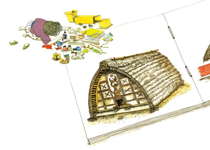 A child making a replica of a Toda house