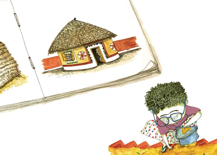 A child collecting mud to make a bhunga house