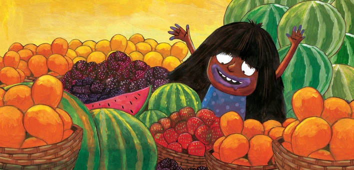 A girl looking at all the fruits around her with joy