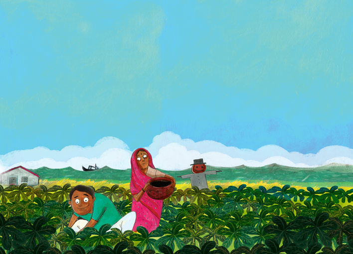 A woman and a boy out in the field