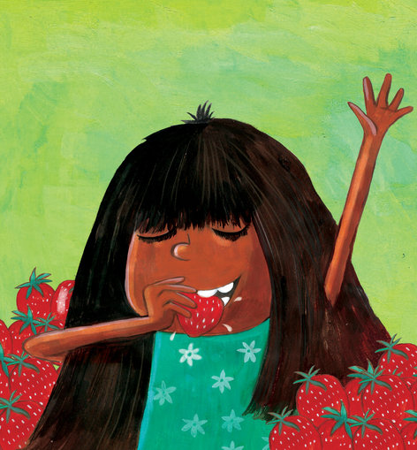 A girl eating strawberries