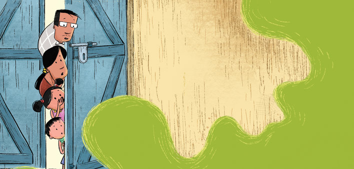People peeking inside behind a door