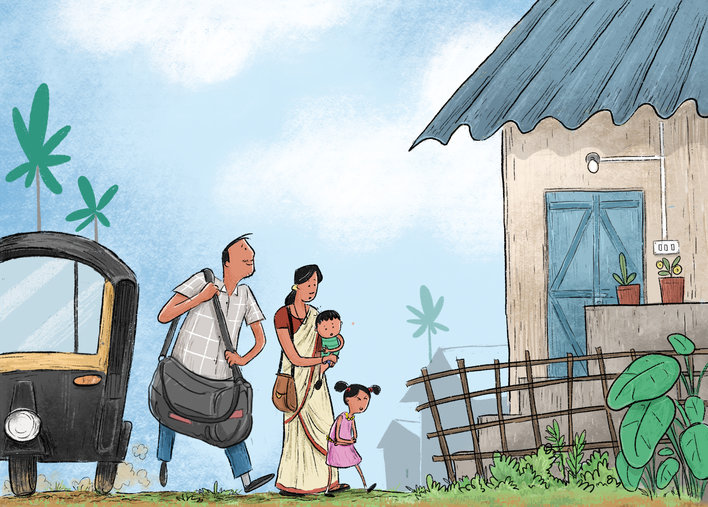 Family walking towards their home