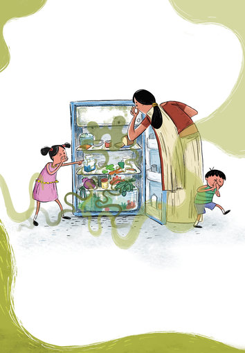 Woman is doubtfully looking inside a fridge