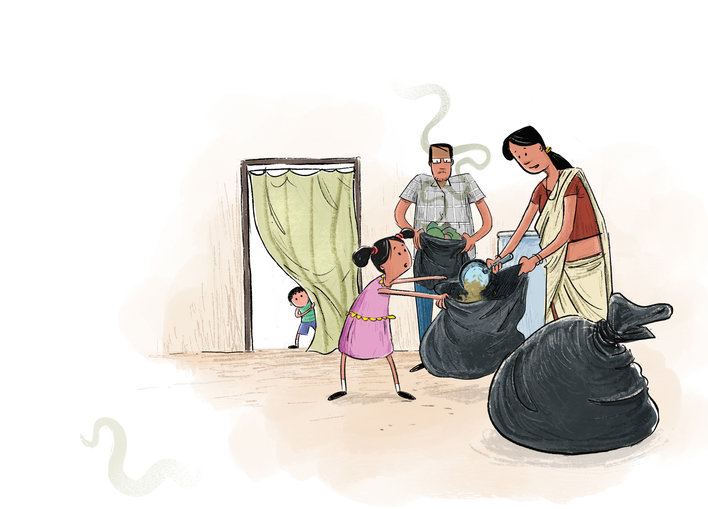 Woman is packing garbage bags