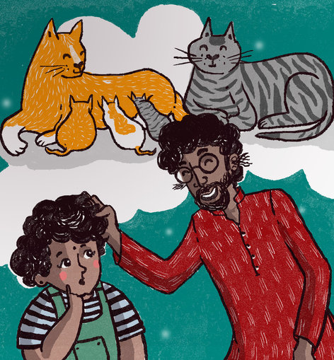 Girl and father; girl imagining a cat family