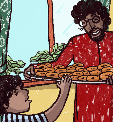 Man with a tray of vadas, girl eating
