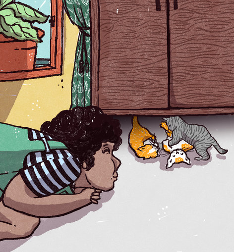 Girl watching kittens play