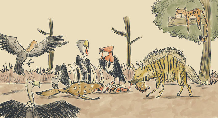 Vultures and Hyenas Eating