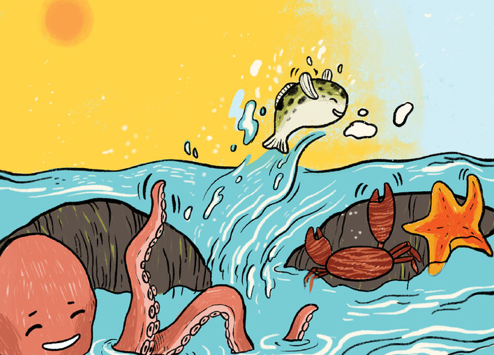 An octopus and a puffer fish and a porcelain crab and an orange starfish