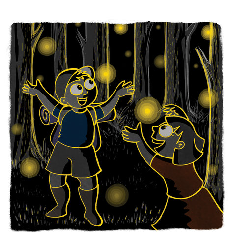 Boy and girl looking at fireflies glowing in the dark