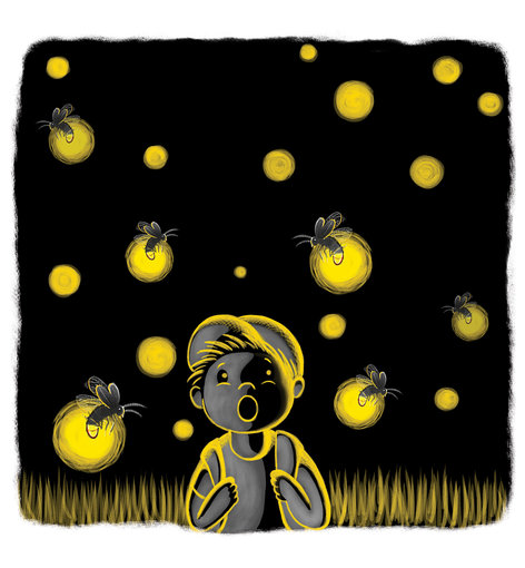 Boy looking with fascination at fireflies glowing at night
