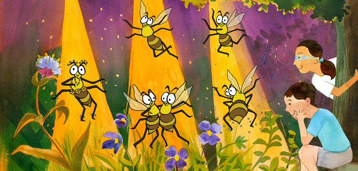 Girl and boy watching a group of bees