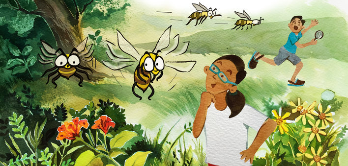 Girl watching bees, boy running away from bees