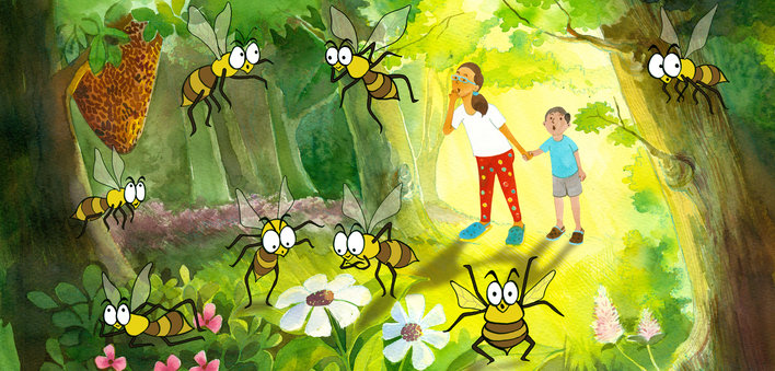 Girl and boy in a forest filled with bees