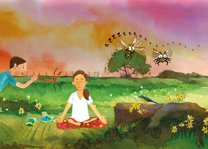 Meditating girl, boy blowing a toy trumpet and buzzing bees