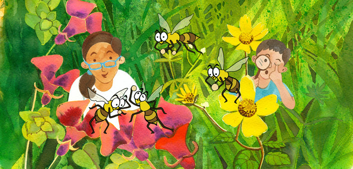 Girl observing bees on flowers, boy looking through a magnifying glass