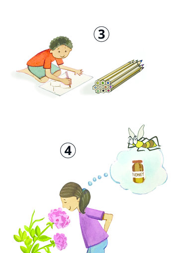 Boy drawing, girl smelling flowers