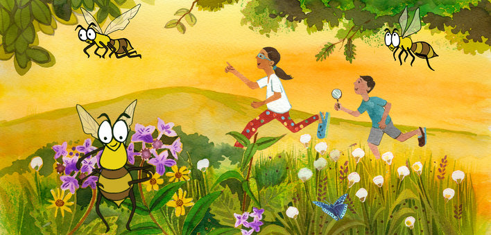 Girl and boy running through the hills, bees all around