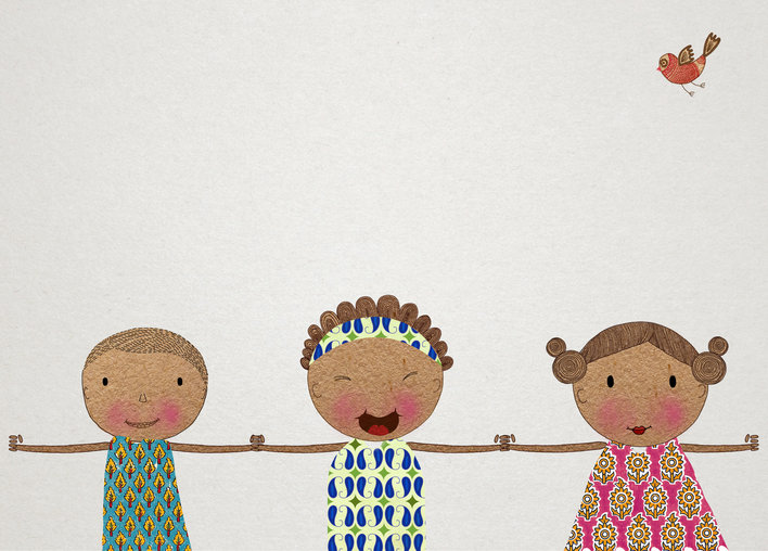 Bird flying, girls holding hands