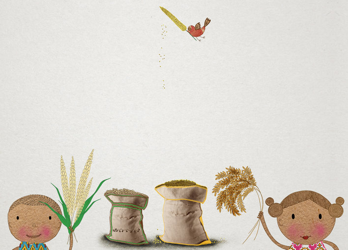 Girls with wheat grains, sac of wheat