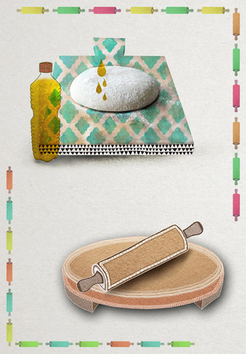 Wooden chapathi board and roller, oil and wheat mixture