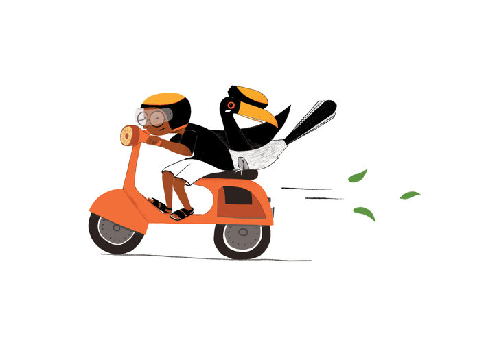 A boy and a hornbill on a scooter