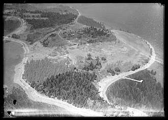 Black-and-white aerial photograph of a partly wooded island with a small wharf on its shore